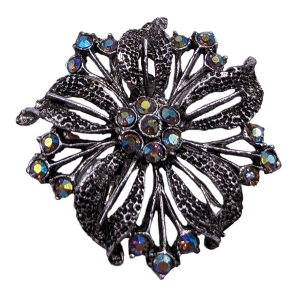 Vintage Aurora Borealis Rhinestone Silver Tone Flower Leaf Estate Brooch Pin - Picture 2 of 6